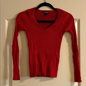 Express Women's Red Ribbed V-Neck Long Sleeve Sweater Top